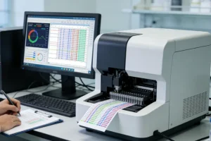 一位女性患者手持基因检测报告，面露疑惑