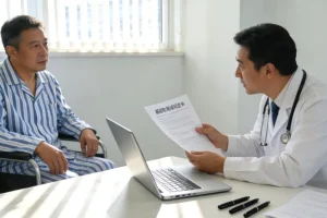 一位患者手持肝癌基因检测报告，面露困惑