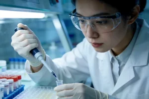 病理科医生在显微镜下评估肿瘤组织