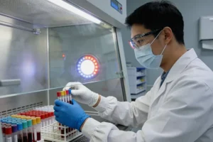 病理科医生从蜡块上切取组织白片