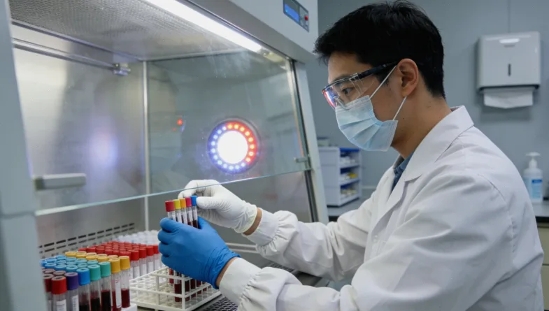 病理科医生从蜡块上切取组织白片