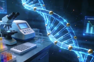 医生与患者共同查看21基因检测报告示意图