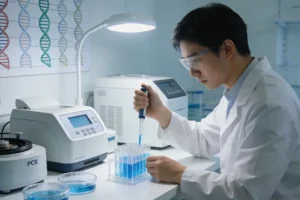 一位女性面对布满数据和图表的基因检测报告，表情困惑