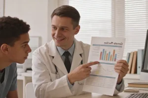 一位患者手持基因检测报告，面露困惑