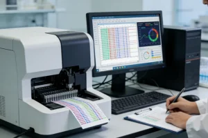 遗传咨询师与患者共同查看家系图谱