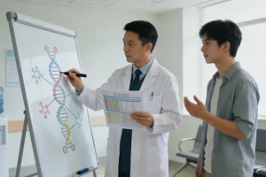 医生与患者共同查看基因检测报告