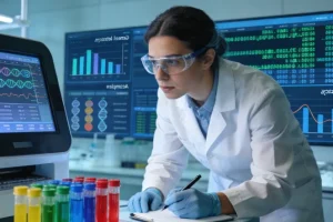 FISH检测原理示意图：红绿荧光探针结合目标基因