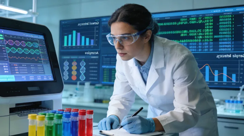 FISH检测原理示意图:红绿荧光探针结合目标基因