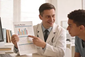 医生与患者共同查看基因检测报告