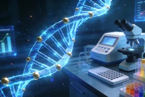 一位女性患者手持基因检测报告与医生沟通