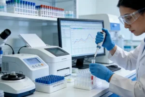 医生与患者共同查看基因检测报告示意图