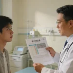 医生与患者家属在诊室沟通的场景