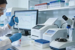 医生与患者家属在诊室内沟通病情