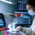 检验科医生正在进行血清AFP检测分析