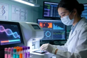 检验科医生正在进行血清AFP检测分析