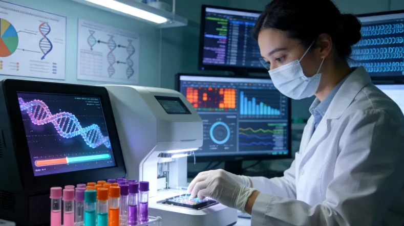 检验科医生正在进行血清AFP检测分析