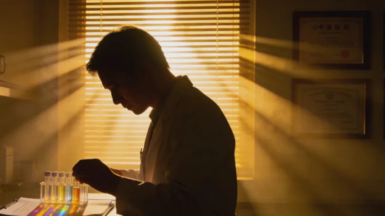 展示眼睑下斜与浓眉特征的侧面特写图