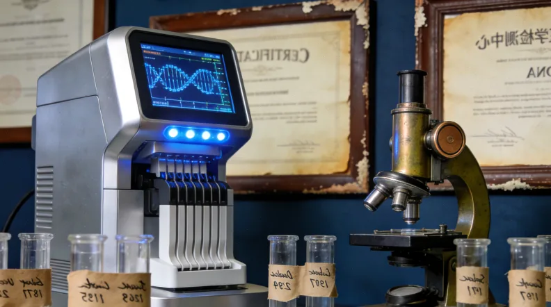 医生在诊室中，结合电脑上的基因报告和患者病历进行思考