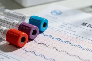 医生向糖尿病患者解释基因检测报告与血糖记录单