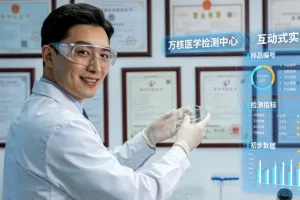 一位女性在诊室咨询医生，手持检查单