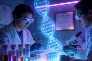 门诊咨询场景：患者手持基因检测报告与医生沟通