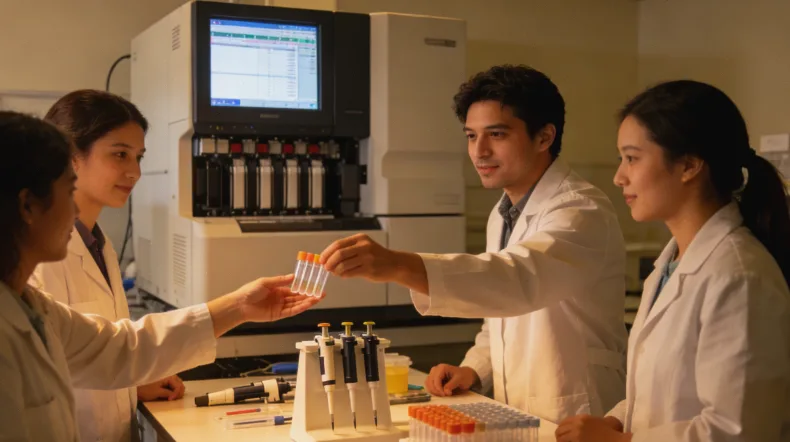 医生与患者面对面坐着,共同查看分析检测报告