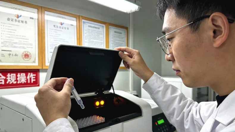 一位家属在诊室手持基因检测报告咨询医生的场景