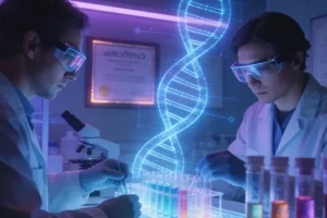 一位母亲在诊室查看基因检测报告