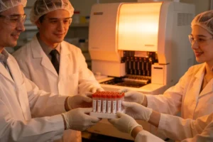 FISH检测镜下示意图：红色与绿色荧光信号对比