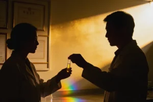 医生与患者共同查看基因检测报告示意图