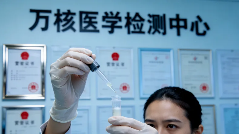 病理医生在显微镜下观察卵巢肿瘤组织切片