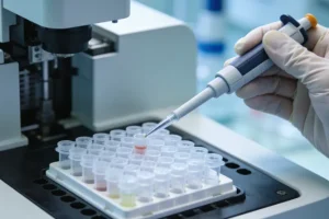 病理科医生在显微镜下观察胃癌组织切片