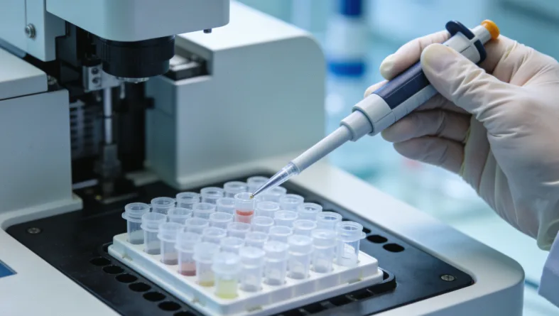 病理科医生在显微镜下观察胃癌组织切片