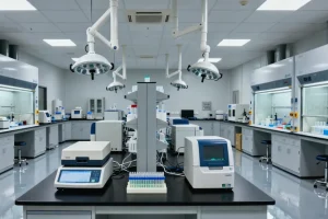 病理科医生在显微镜下评估蜡块切片