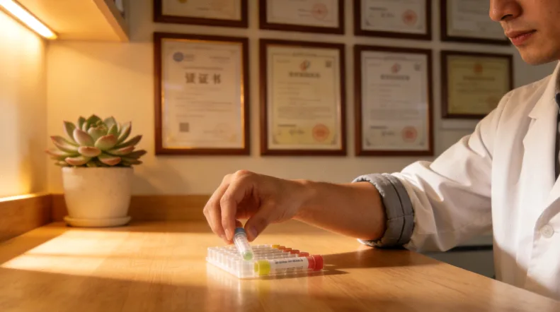 医生在诊室向患者解读基因报告示意图