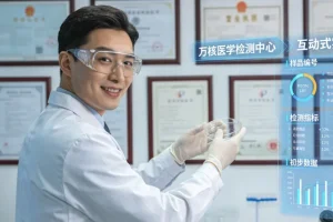 医生与患者共同查看乙肝及肝功能检测报告