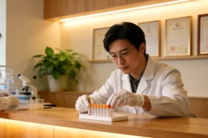 病理科医生从蜡块上切取组织白片