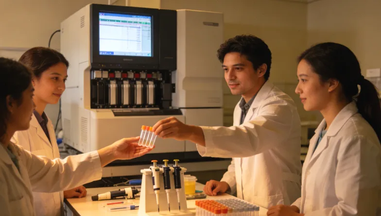 医生在诊室与患者共同查看基因检测报告并进行讲解