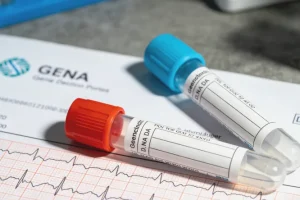 一位患者手持基因检测报告，与医生在诊室交谈