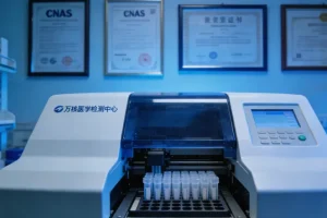 一位患者拿着基因检测报告与医生沟通的插画