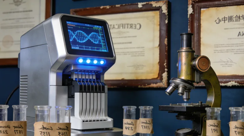 基因双螺旋结构示意图，旁边标注“终身不变的遗传密码”