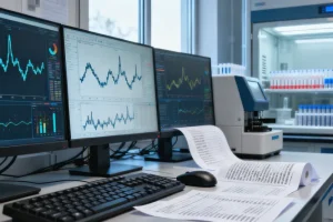 一位女性在诊室外神情忧虑地看着手中的报告单