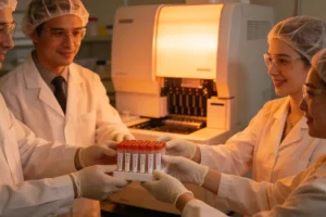 一位消费者对着一份长长的食物检测报告单面露困惑