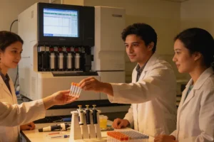 医生向患者解释基因检测报告与样本质量的关系