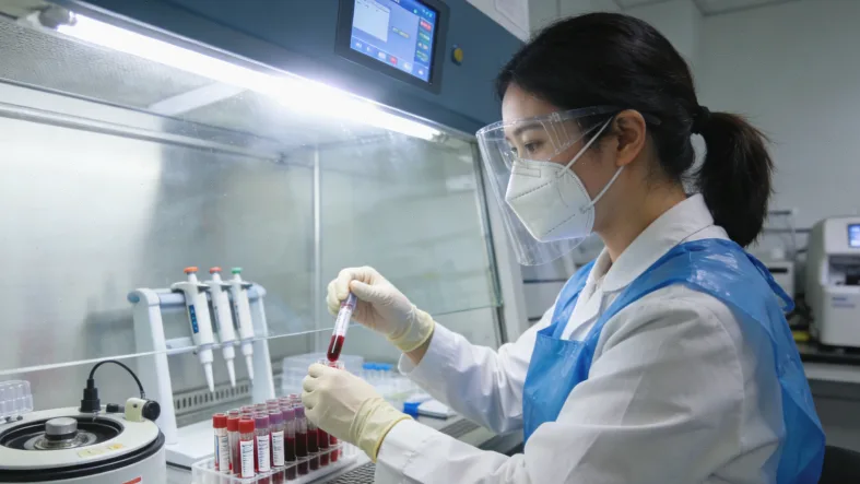实验室技术人员进行血液样本处理