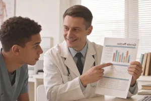 一位女士面对打开的基因检测报告面露疑惑