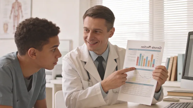 一位女士面对打开的基因检测报告面露疑惑