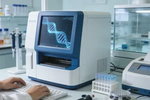 医生在诊室快速翻阅基因检测报告