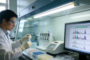 病理医生在显微镜下观察肠癌组织切片