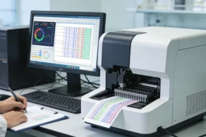 病理医生在显微镜下观察HER2 IHC染色切片